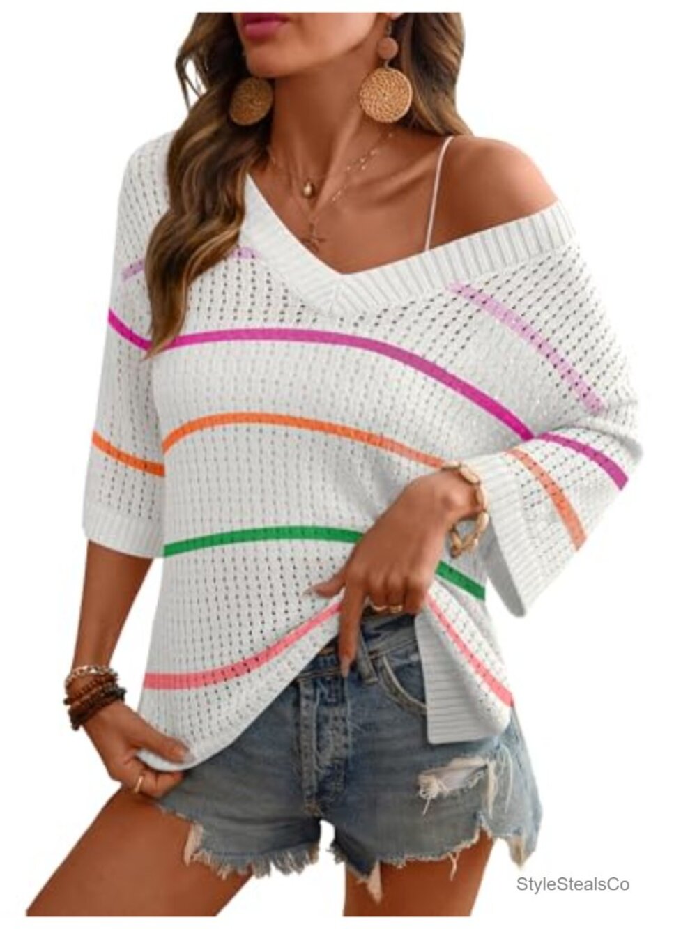 Viscose Crochet V Neck 3/4 Sleeve Knitted Pullover Sweater
